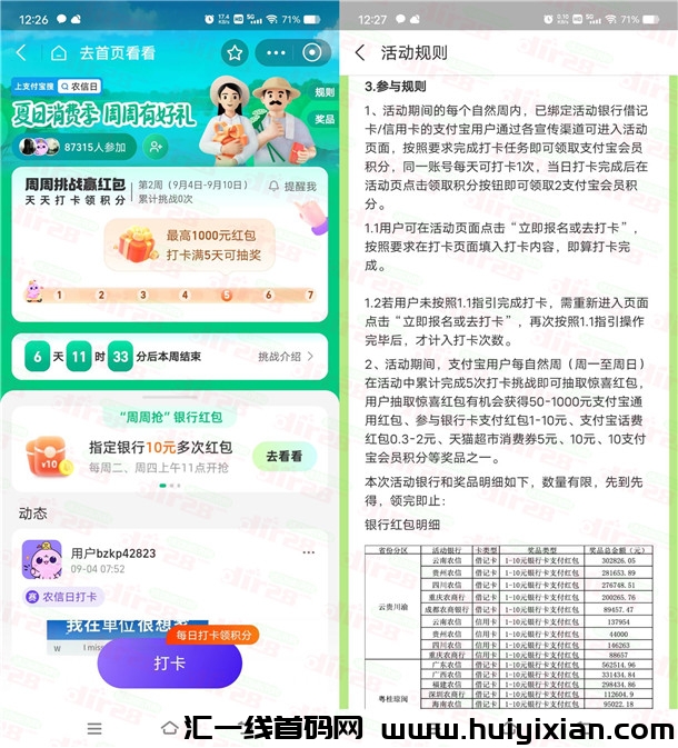 支附宝农信日夏日消费季打咔抽1-1000圆支附宝红包！每周可去-汇一线首码网